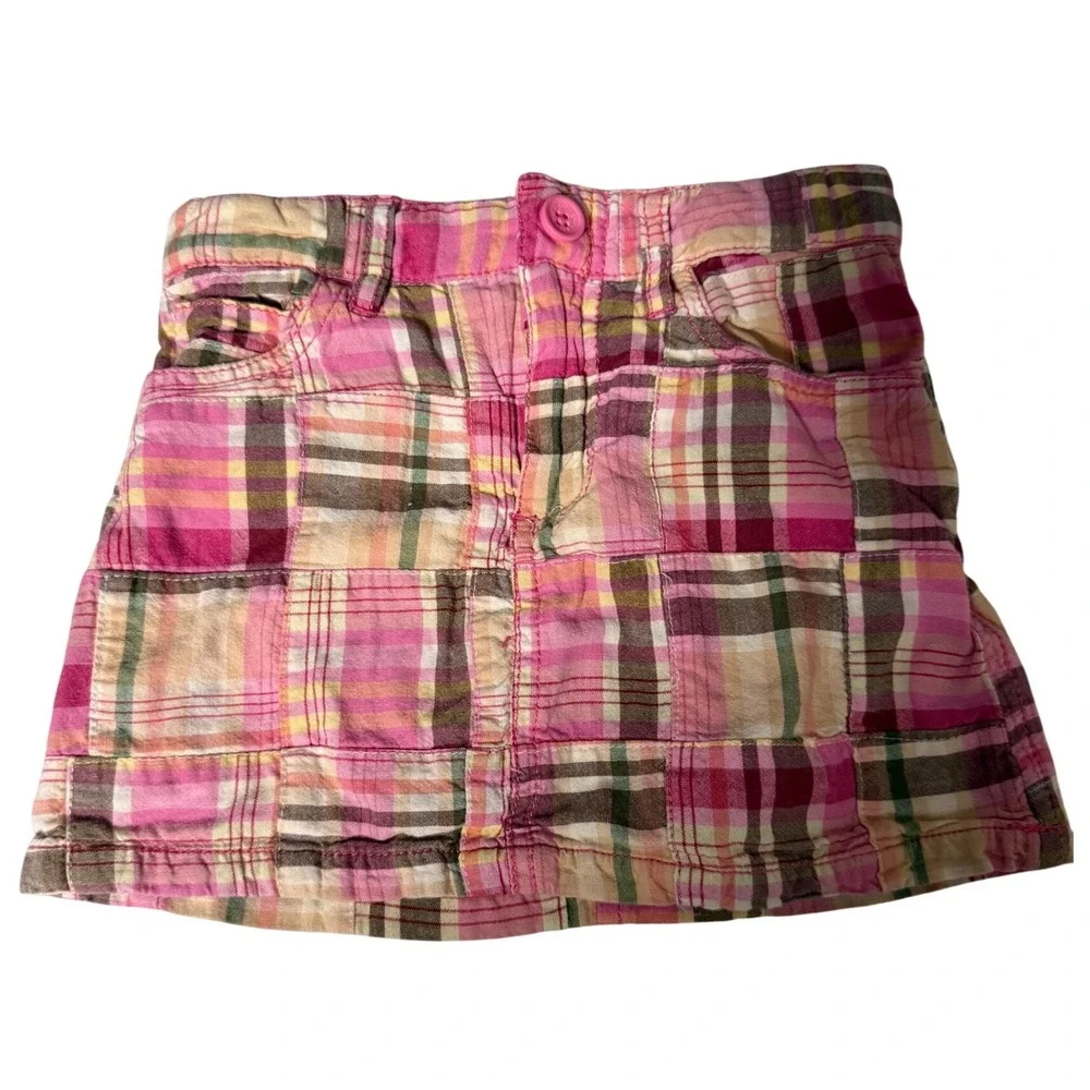 Y2K Girls Gap Pink Patchwork Skirt Adjustable Cotton Denim Plaid 4T Cottagecore